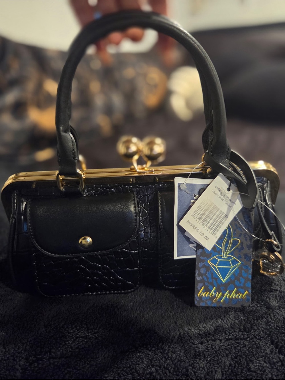 Baby Phat black crocodile textured kisslock handbag with gold hardware #babyphat